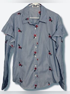 Porter Collective Striped Blue & White Floral Embroidered Button-Up Blouse Large